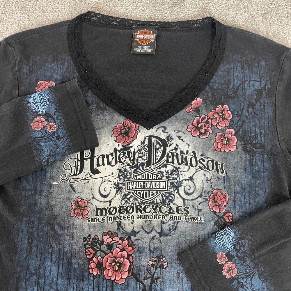 Harley Davidson Top Womens 2X Y2K Floral Lace Trim Graphic Montana Long Sleeve